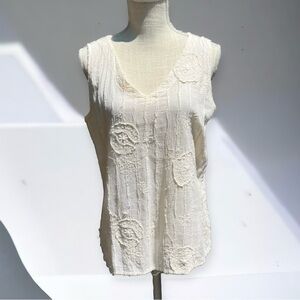 🌻Peanut Punch Ivory Textured Lagenlook Minimalist Gauze Tank Blouse Size Small